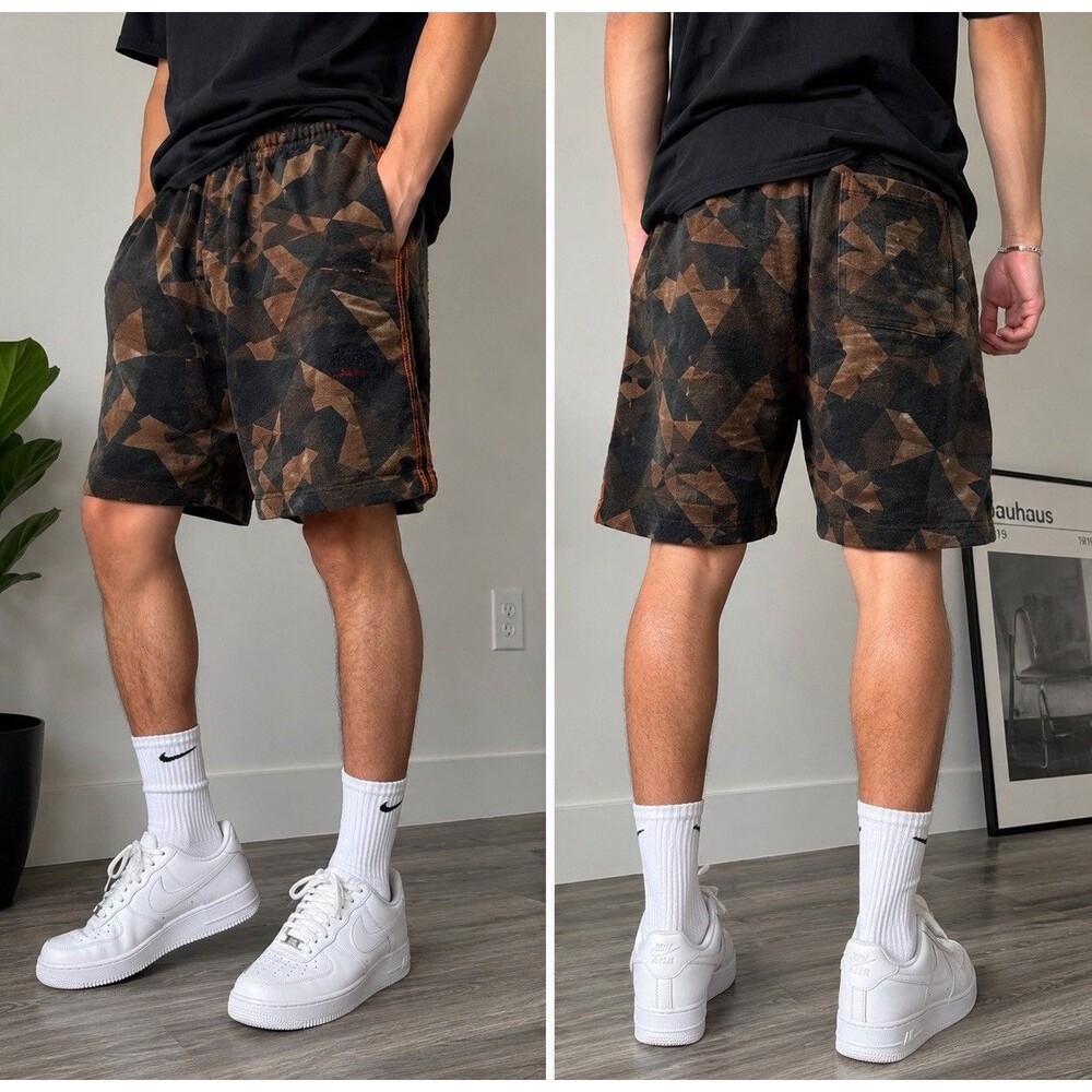 TRIBES Geometric Camo Lounge Shorts Men’s L Brown Black Y2K Streetwear Skater